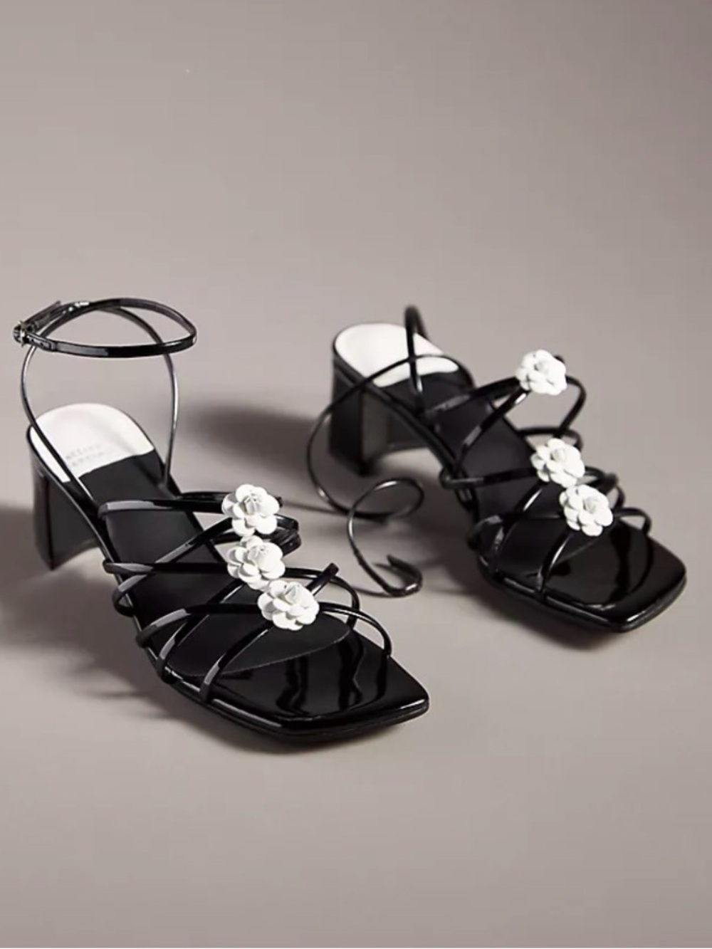 Jeffrey Campbell “Sociable” Black Patent Heels with White Floral Embellishments